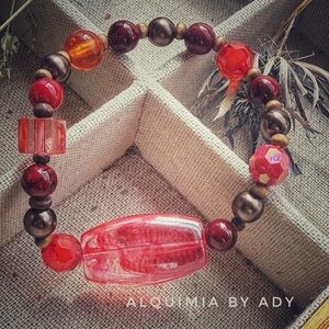 Cherry Acrylic Bracelet – Big Swirl Focal with 8 mm Red Turquoise, Wood & Crysta